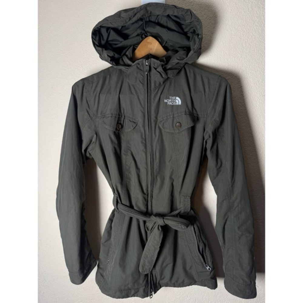 The North Face Womens Hooded Rain Coat Belted‎ Olive Green Jacket - S *Hole*
